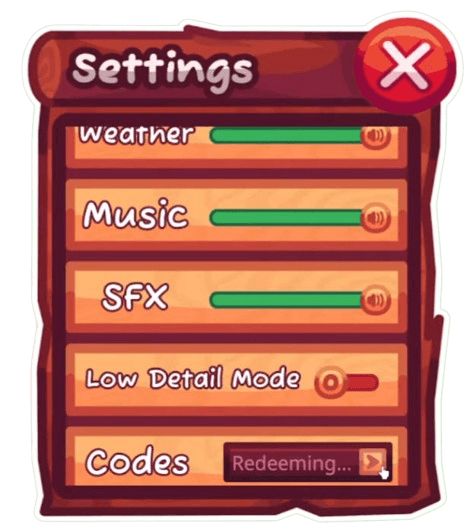 Garden Horizons redeem codes screen in Settings